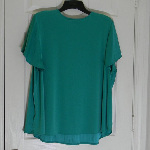 Lane Bryant Green Satin Top Smocked Details on Shoulder Holiday Christmas EUC - Picture 2 of 4